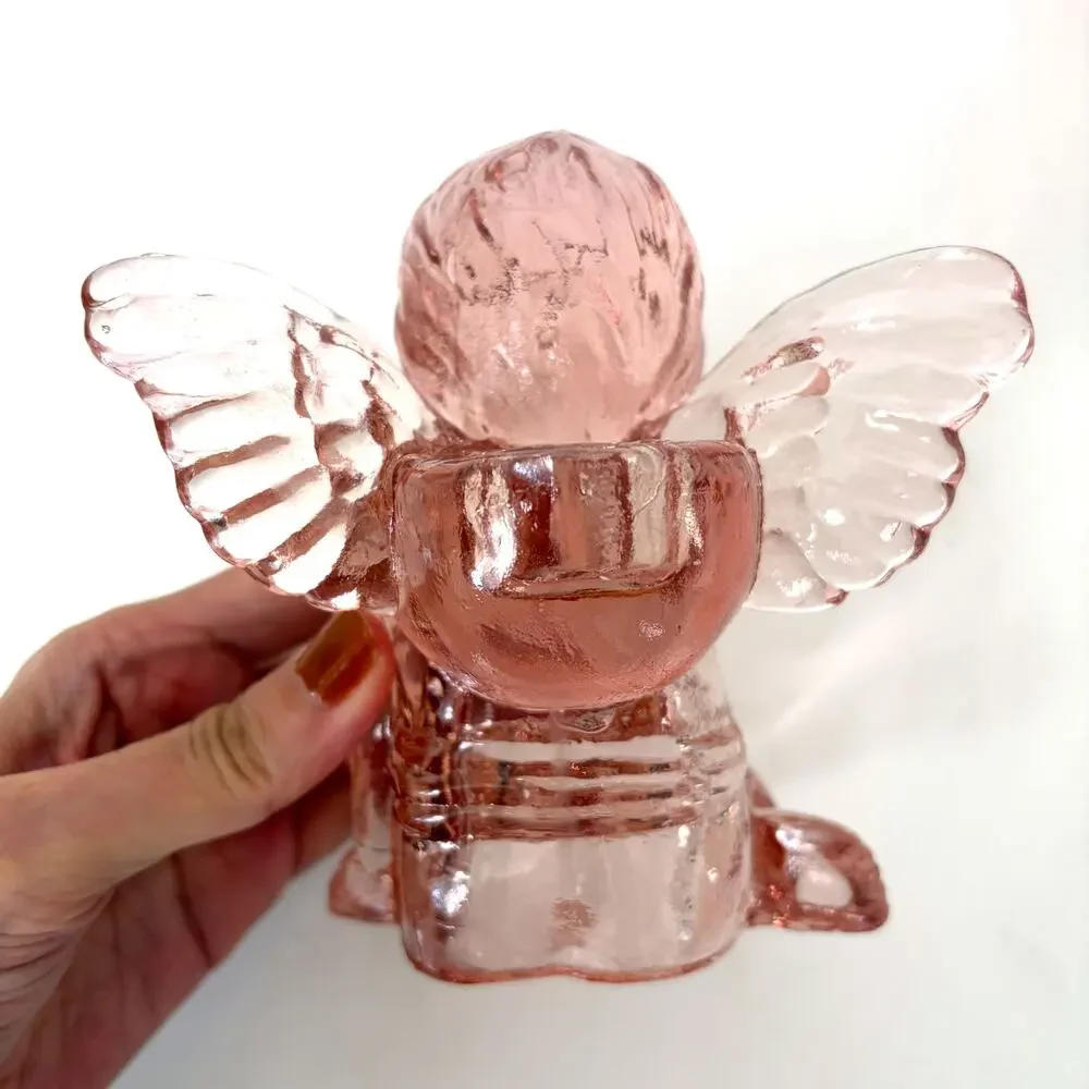 Vintage 1960s Pink Pressed Glass Cherub Angel Candle Holders Set of 2